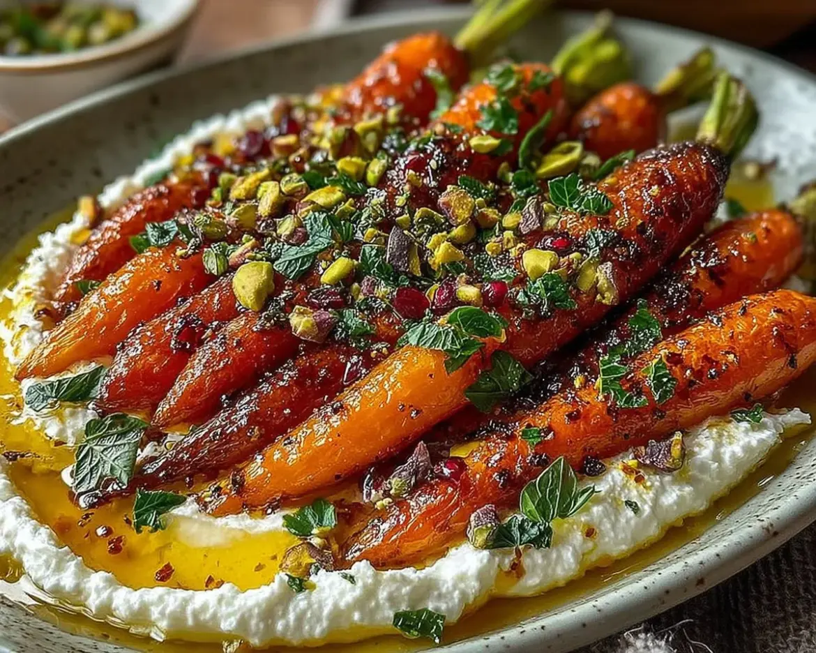 Plate of roasted carrots topped with whipped ricotta and drizzled with hot honey