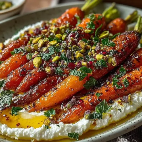 Plate of roasted carrots topped with whipped ricotta and drizzled with hot honey