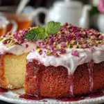 A slice of Rose Milk Cake topped with rose petals and creamy frosting.