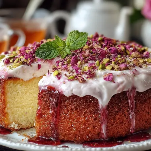A slice of Rose Milk Cake topped with rose petals and creamy frosting.