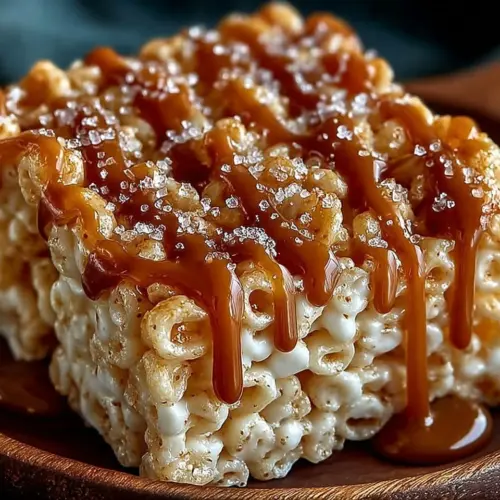 Delicious Salted Caramel Rice Krispie Treats with a golden caramel drizzle