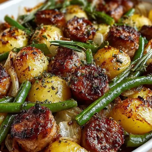 Sausage green bean potato casserole served in a baking dish