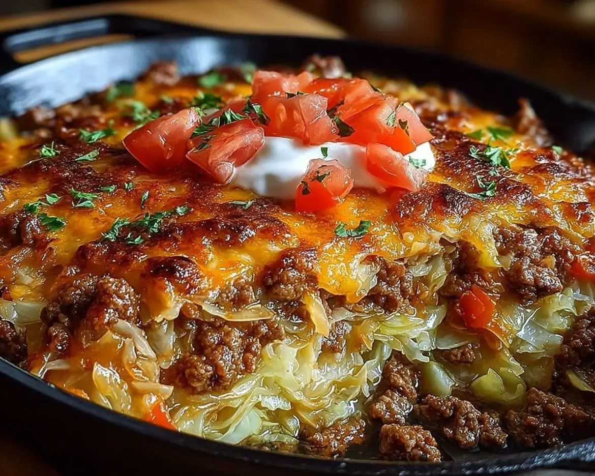 Savory cabbage beef bake dish served in a rustic bowl