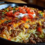 Savory cabbage beef bake dish served in a rustic bowl