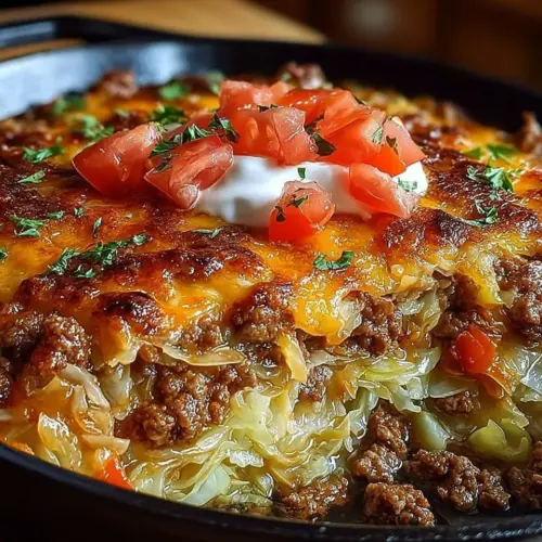 Savory cabbage beef bake dish served in a rustic bowl