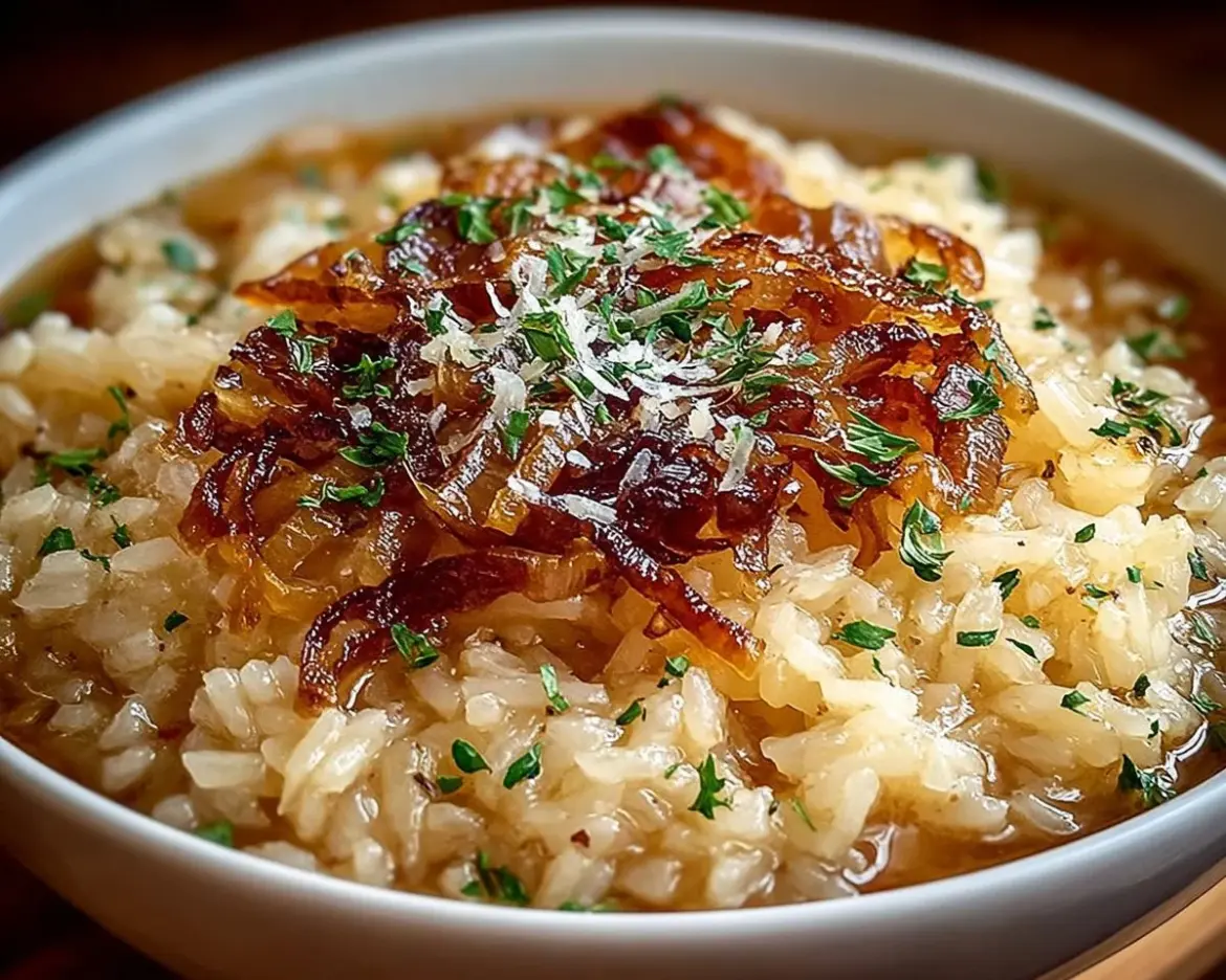 Bowl of Savory French Onion Soup Rice garnished with herbs and cheese