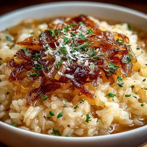 Bowl of Savory French Onion Soup Rice garnished with herbs and cheese
