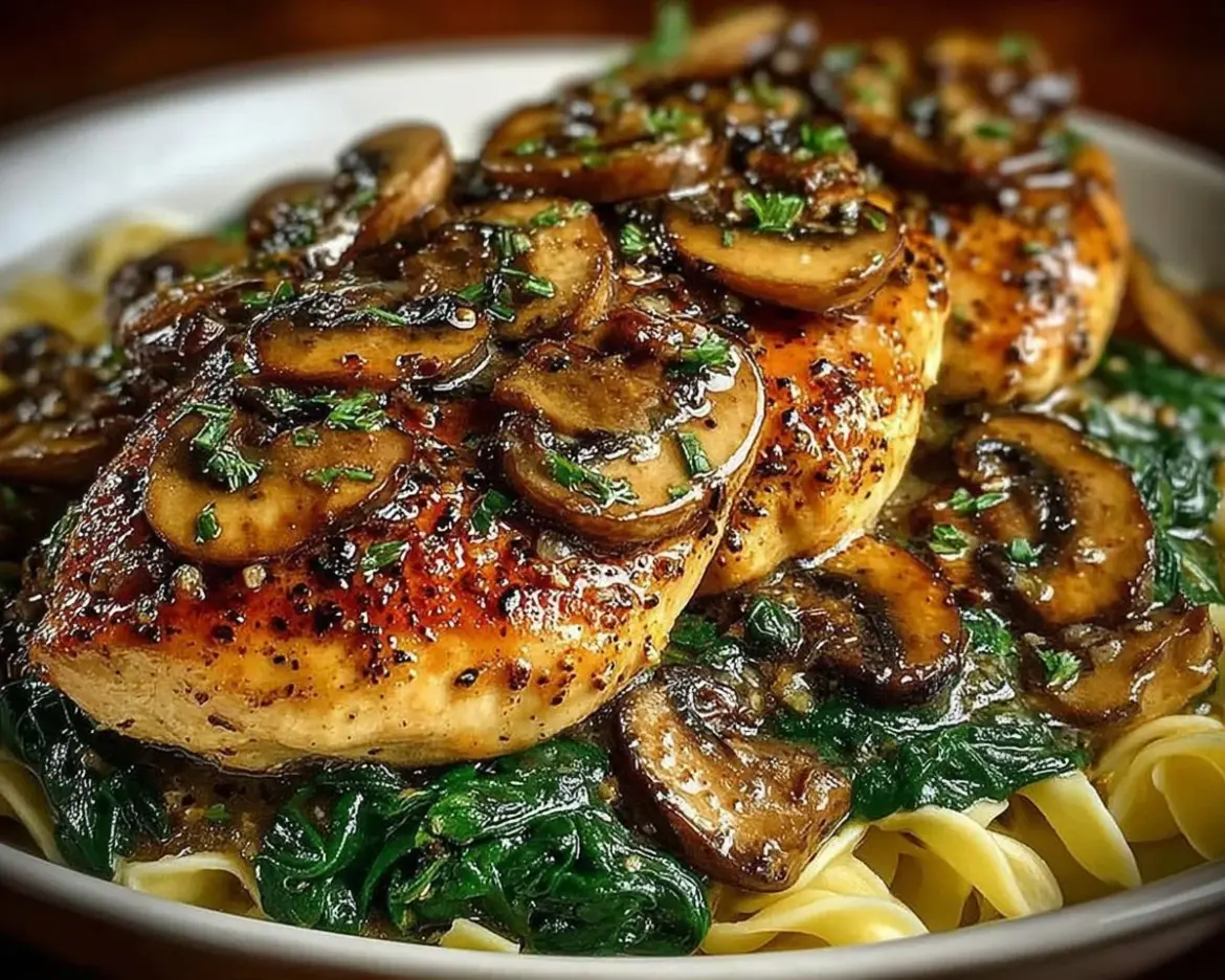 Savory garlic mushroom chicken with fresh spinach on a plate