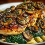 Savory garlic mushroom chicken with fresh spinach on a plate