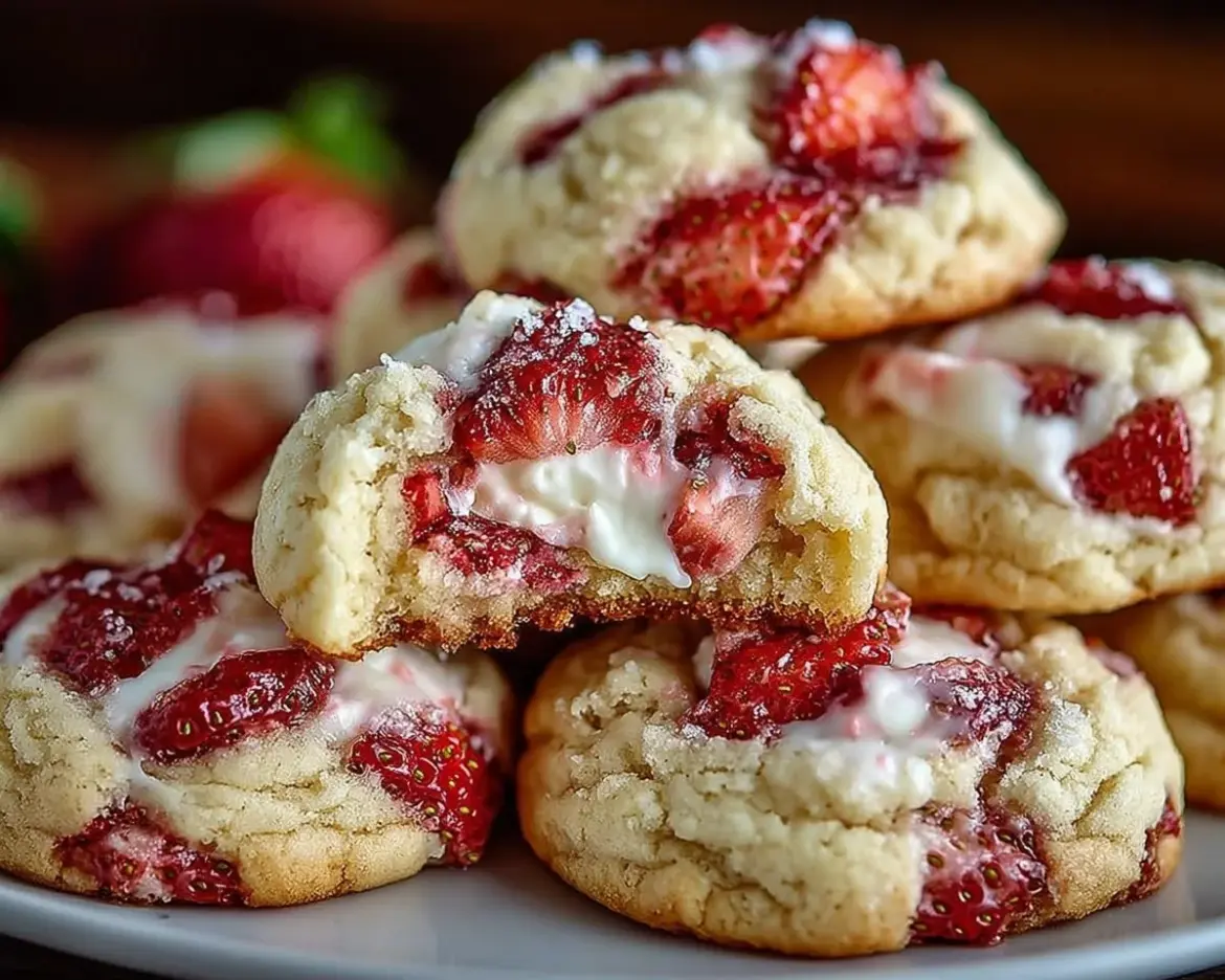 Plate of sensational strawberry cheesecake cookies with fresh strawberries