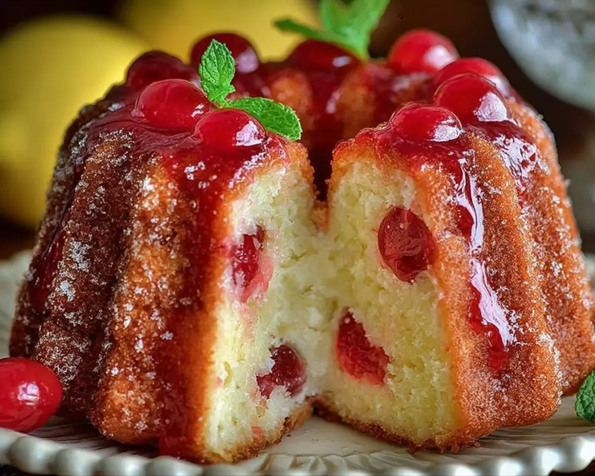 Delicious homemade Shirley Temple Cake decorated with cherries and frosting