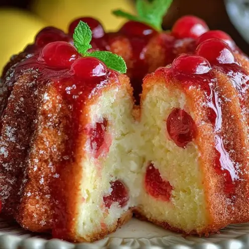 Delicious homemade Shirley Temple Cake decorated with cherries and frosting