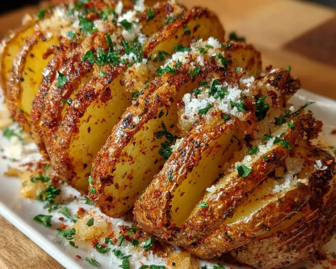 Delicious sliced baked potatoes garnished with herbs and served on a plate.