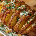 Delicious sliced baked potatoes garnished with herbs and served on a plate.