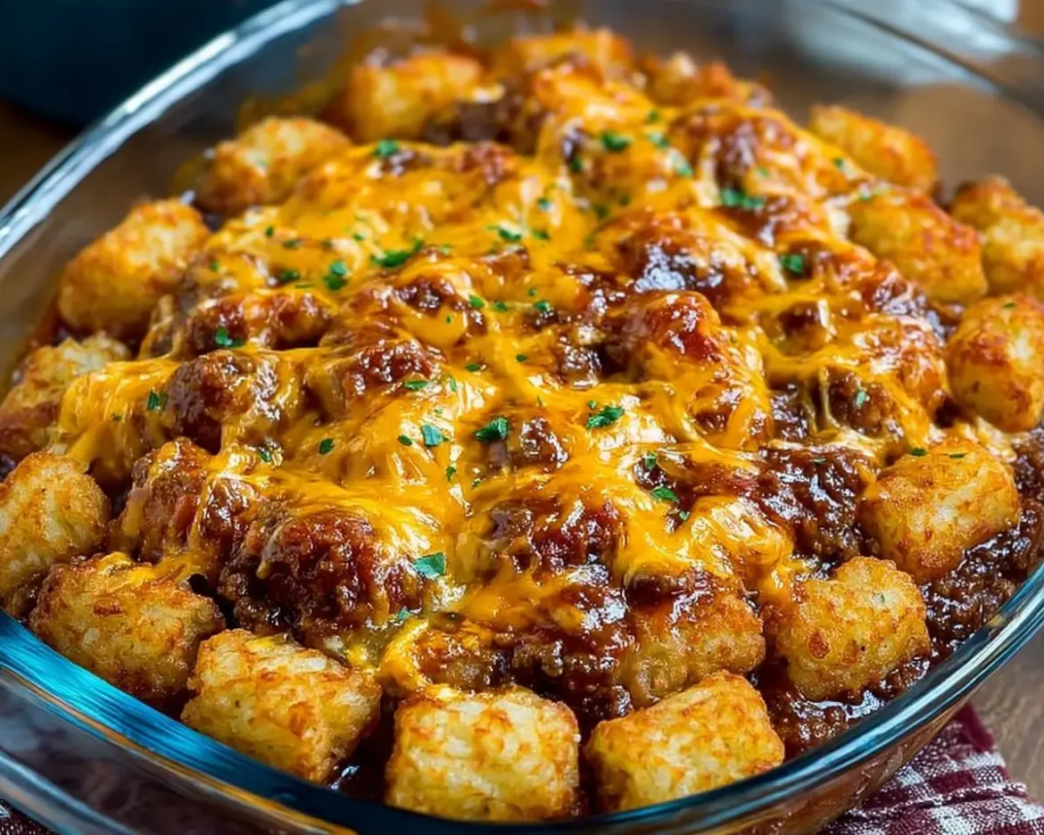 Delicious Sloppy Joe Tater Tot Casserole served on a plate
