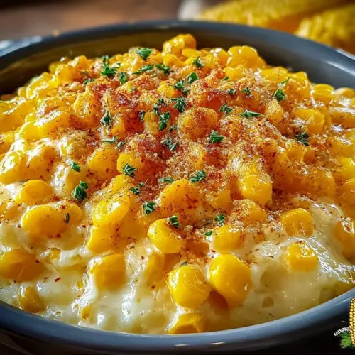 Slow Cooker Cheddar Corn dish served in a bowl with fresh herbs on top.