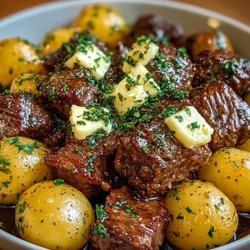 Slow cooker garlic butter beef bites with crispy potatoes