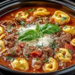 Bowl of slow cooker tomato tortellini soup with ground beef and herbs