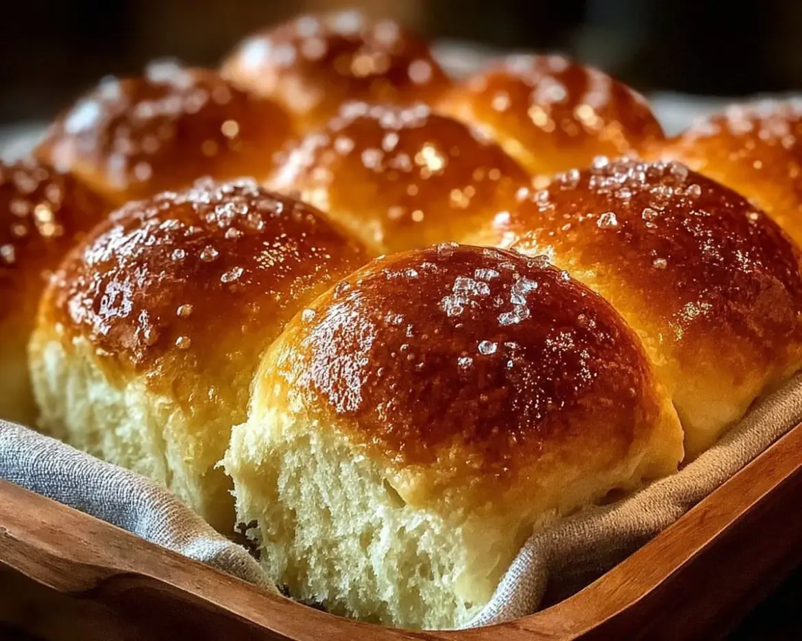 Freshly baked soft and buttery homemade rolls on a rustic wooden table.