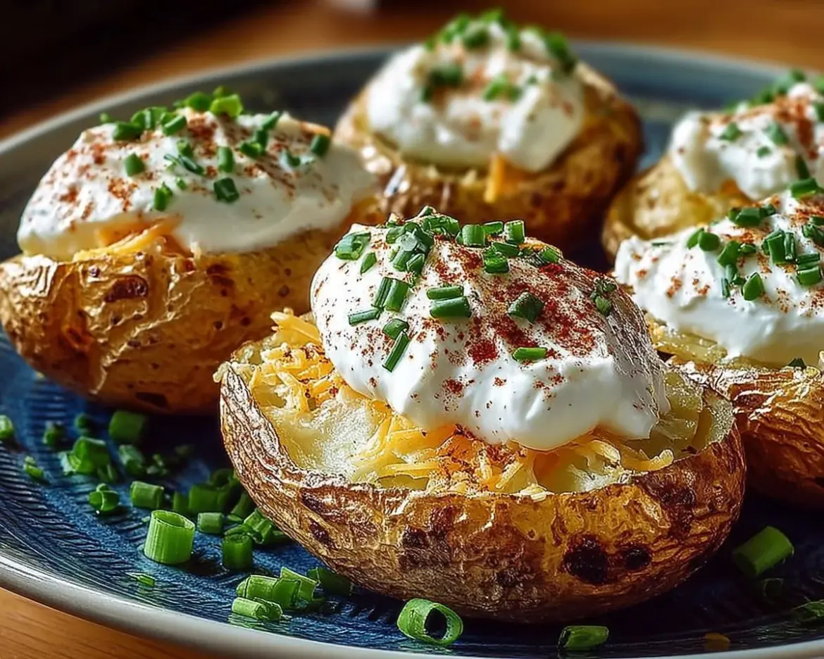 Sour cream and chive baked potatoes served on a plate