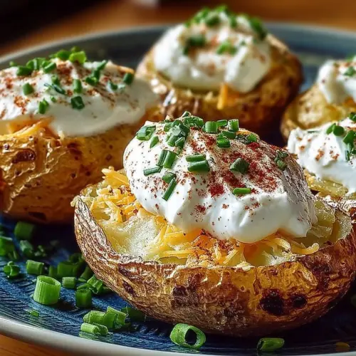 Sour cream and chive baked potatoes served on a plate