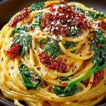 Spaghetti and spinach with sun-dried tomato cream sauce served in a bowl