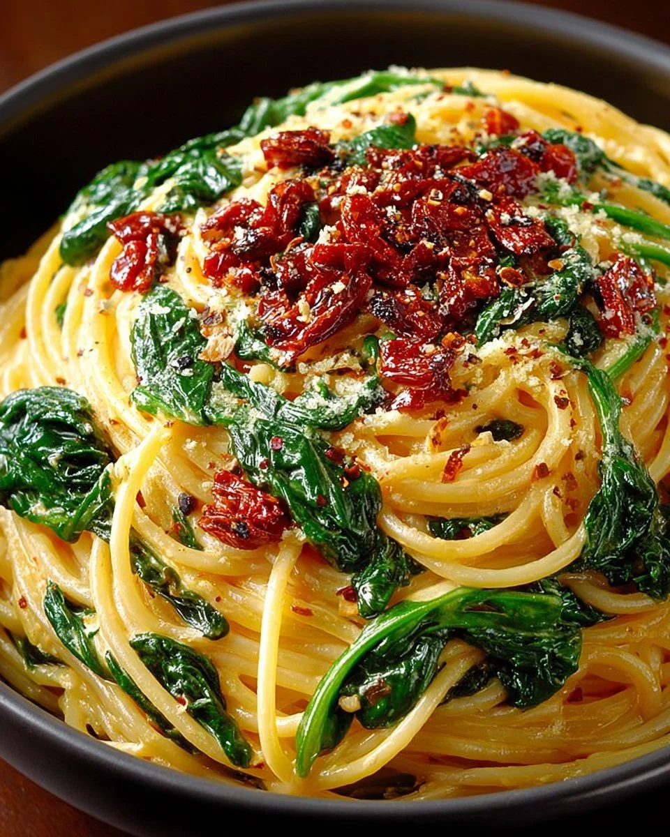 Spaghetti & Spinach with Sun-Dried Tomato Cream Sauce