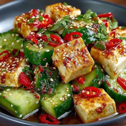 Delicious Spicy Cucumber and Tofu Salad served in a bowl with vibrant colors