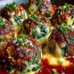 Delicious spinach garlic meatballs stuffed with mozzarella cheese