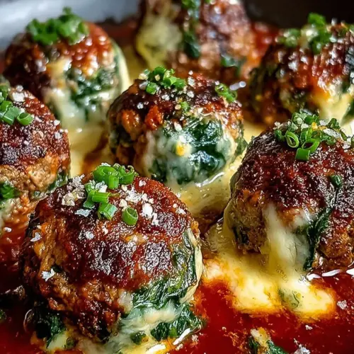 Delicious spinach garlic meatballs stuffed with mozzarella cheese