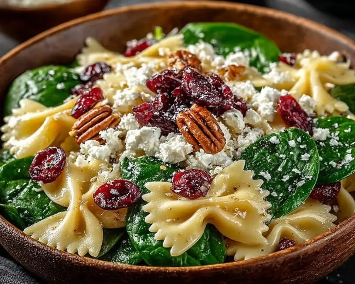 Spinach Pasta Salad with Feta and Cranberries served in a bowl