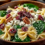 Spinach Pasta Salad with Feta and Cranberries served in a bowl