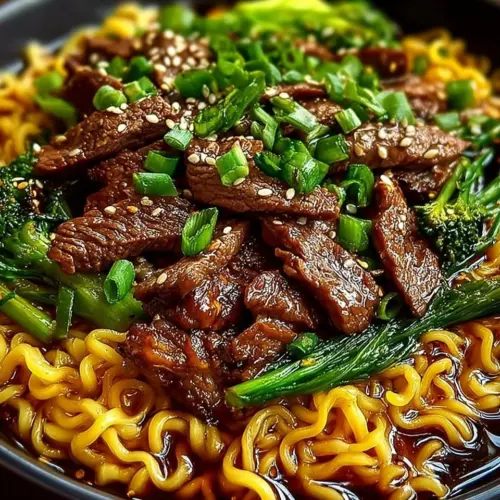 Delicious bowl of Steak Stir-Fried Ramen with colorful vegetables.