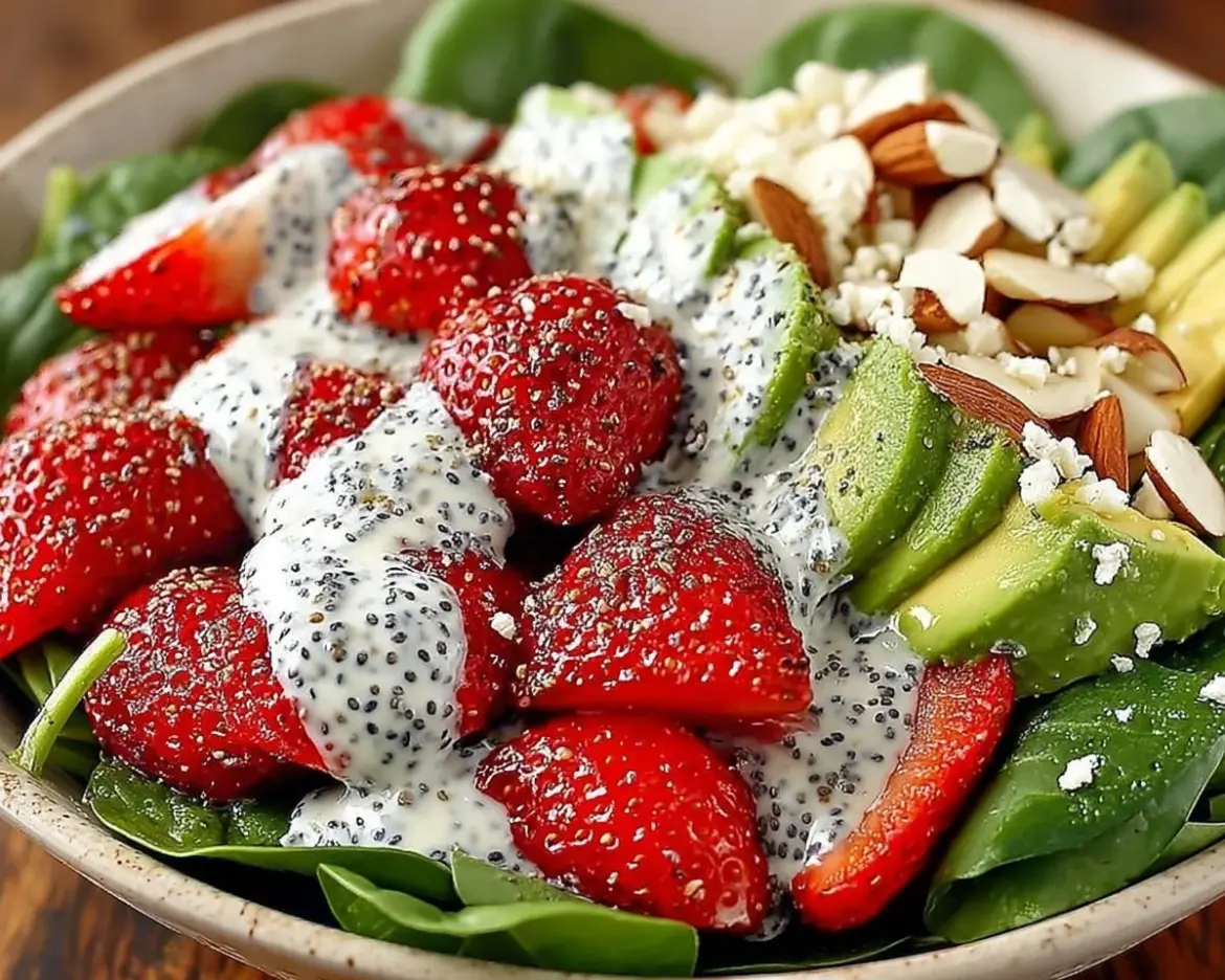 Strawberry avocado spinach salad topped with creamy poppyseed dressing