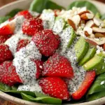 Strawberry avocado spinach salad topped with creamy poppyseed dressing
