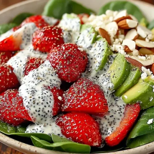 Strawberry avocado spinach salad topped with creamy poppyseed dressing