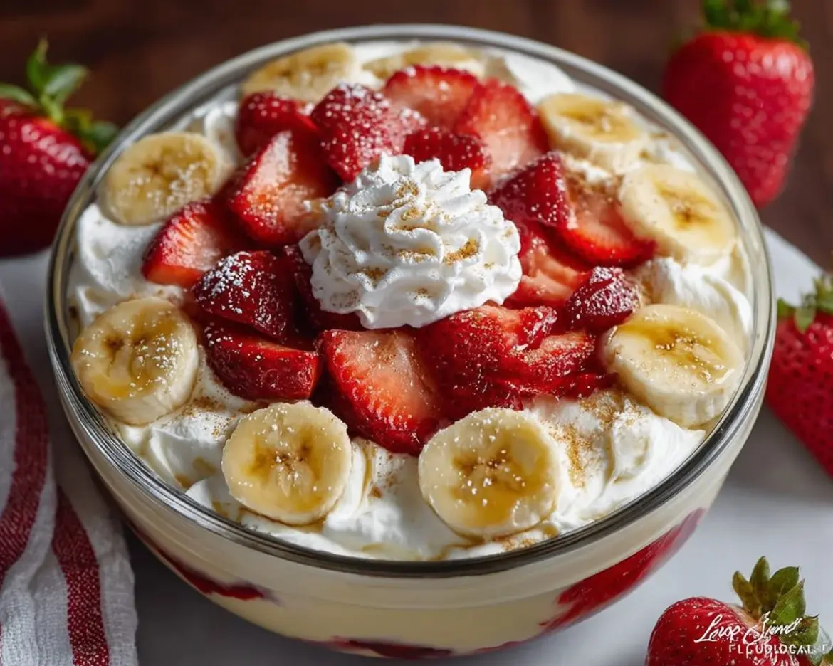 Delicious strawberry banana pudding served in a bowl with fresh strawberries and bananas.