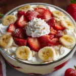 Delicious strawberry banana pudding served in a bowl with fresh strawberries and bananas.