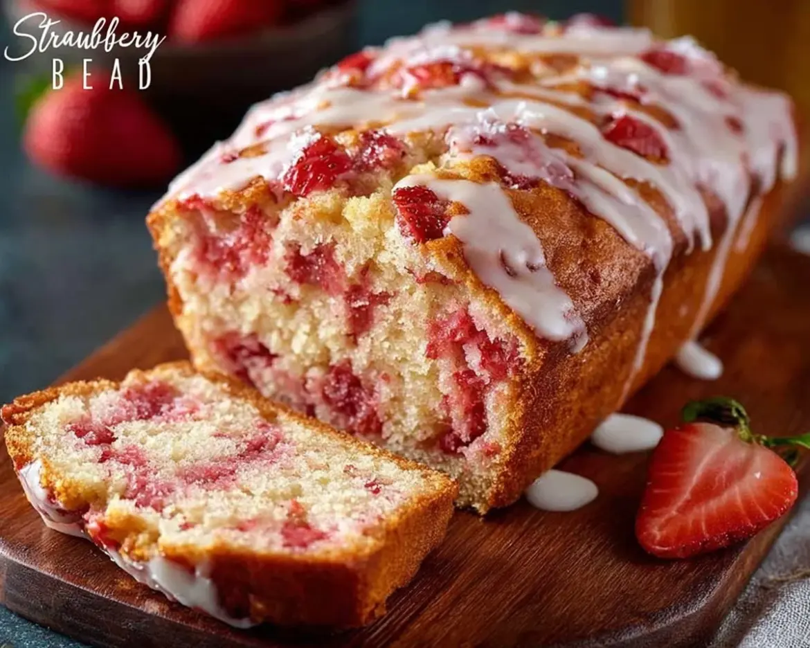 Sliced strawberry bread garnished with fresh strawberries on a rustic table