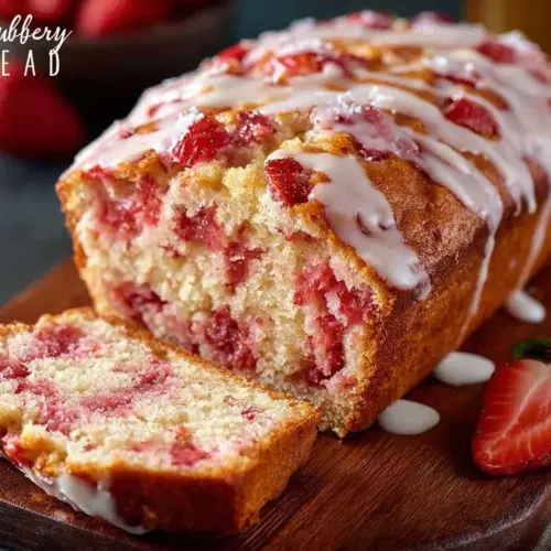 Sliced strawberry bread garnished with fresh strawberries on a rustic table