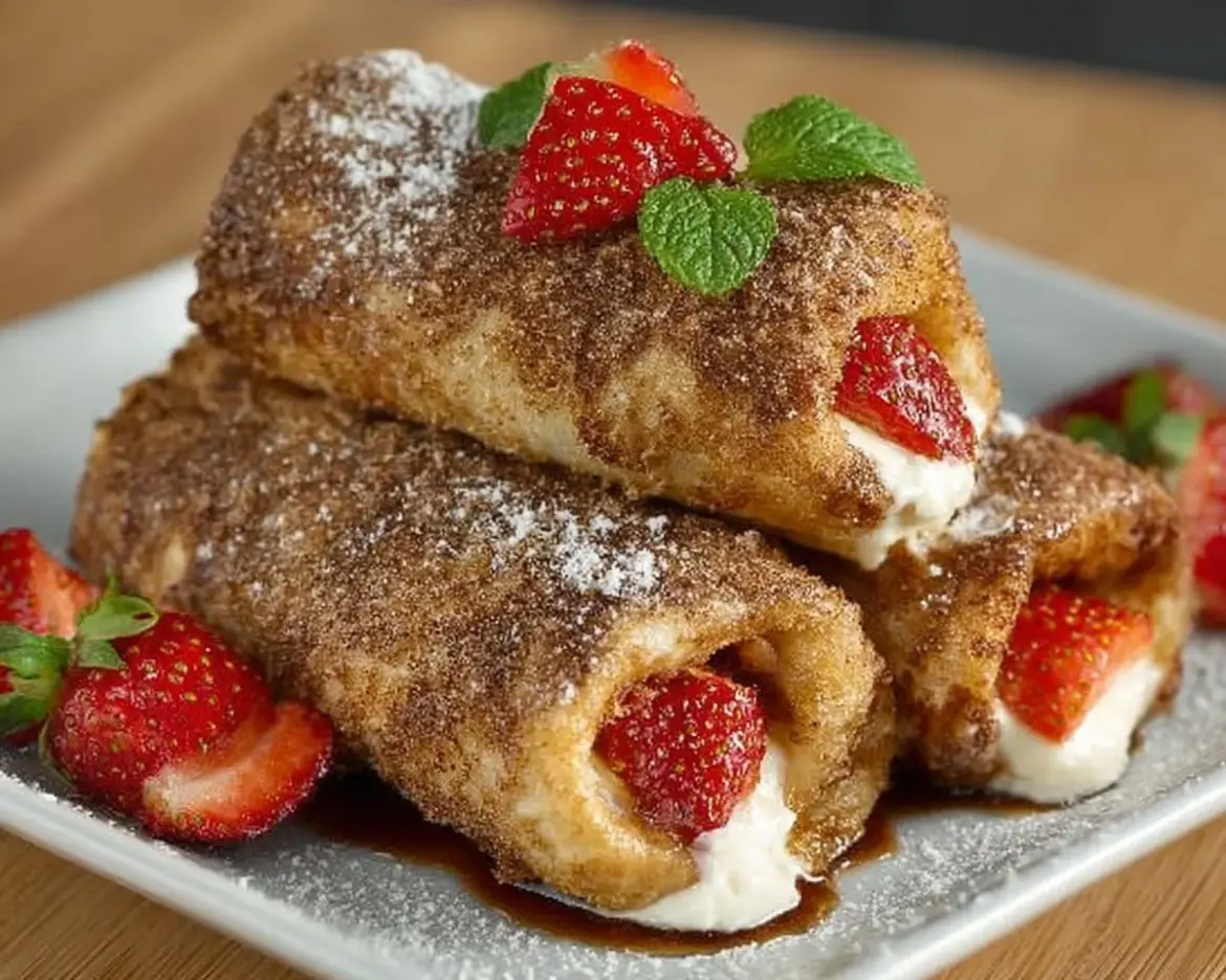 Delicious strawberry cheesecake chimichangas served with fresh strawberries.