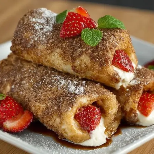 Delicious strawberry cheesecake chimichangas served with fresh strawberries.