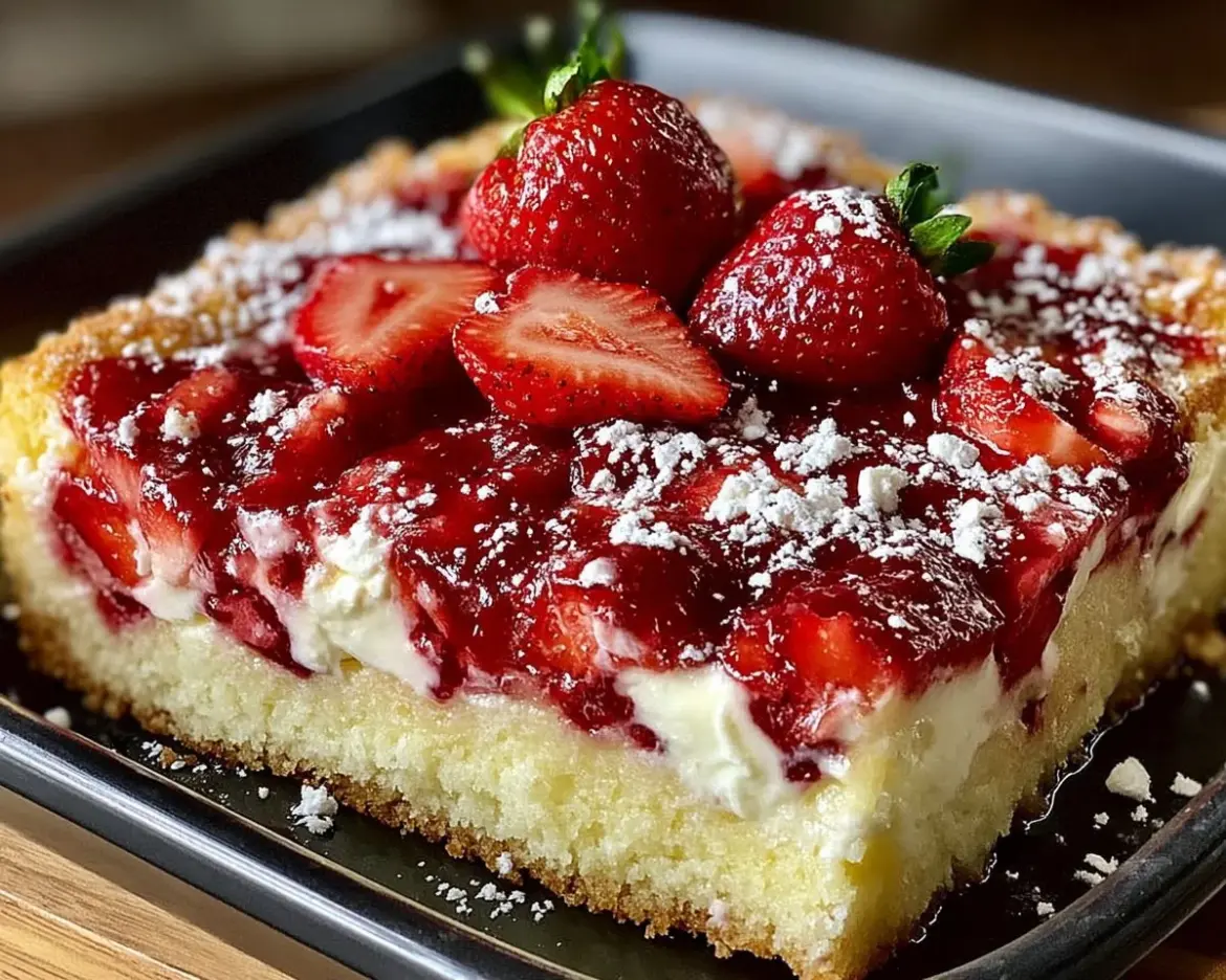 Strawberry Cheesecake Dump Cake topped with fresh strawberries and whipped cream
