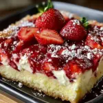 Strawberry Cheesecake Dump Cake topped with fresh strawberries and whipped cream