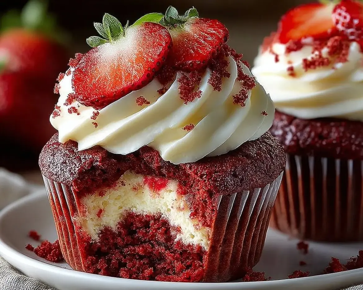 Delicious strawberry cheesecake red velvet cupcakes topped with berries.