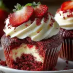 Delicious strawberry cheesecake red velvet cupcakes topped with berries.