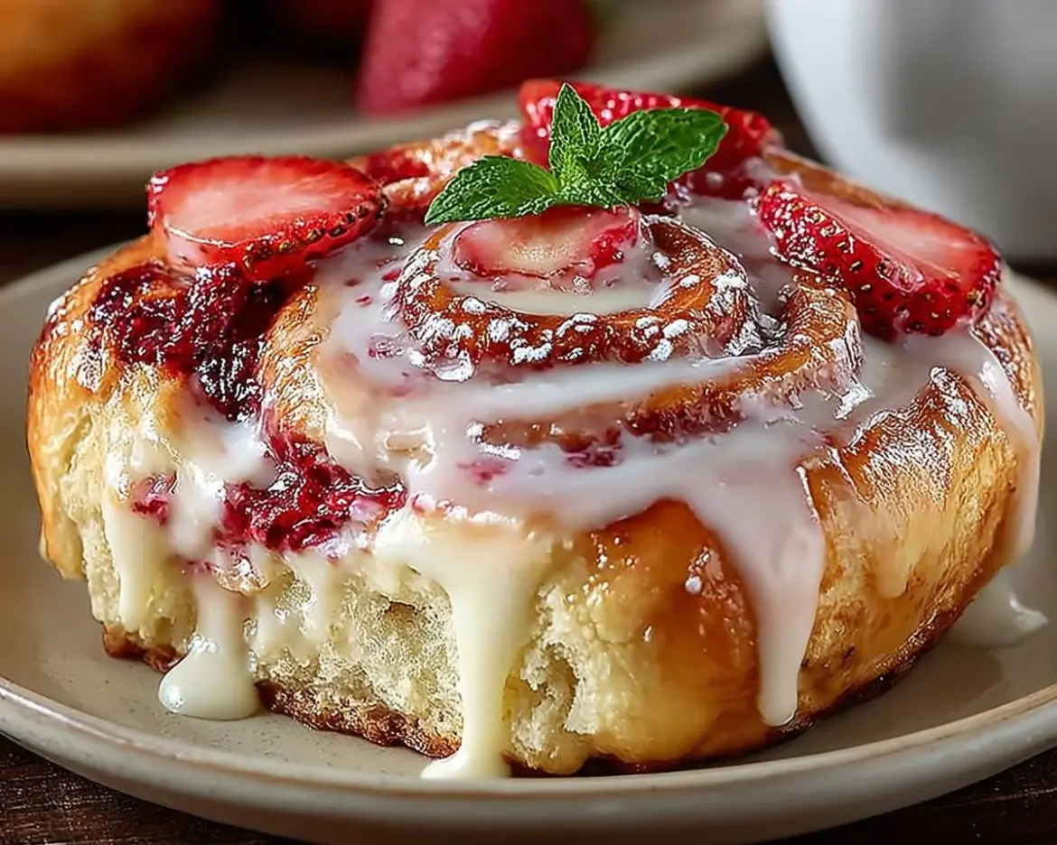 Delicious strawberry cheesecake sweet rolls with creamy topping and fresh strawberries