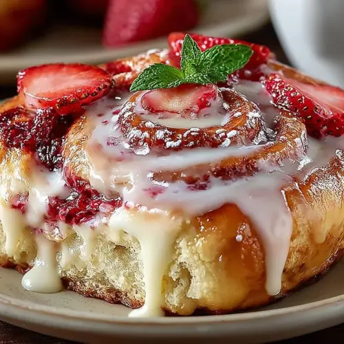 Delicious strawberry cheesecake sweet rolls with creamy topping and fresh strawberries