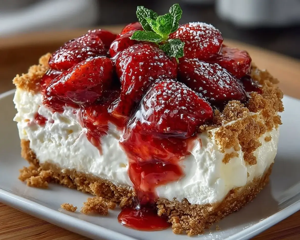 Delicious Strawberry Crunch Cheese Cake with a creamy texture and crunchy topping