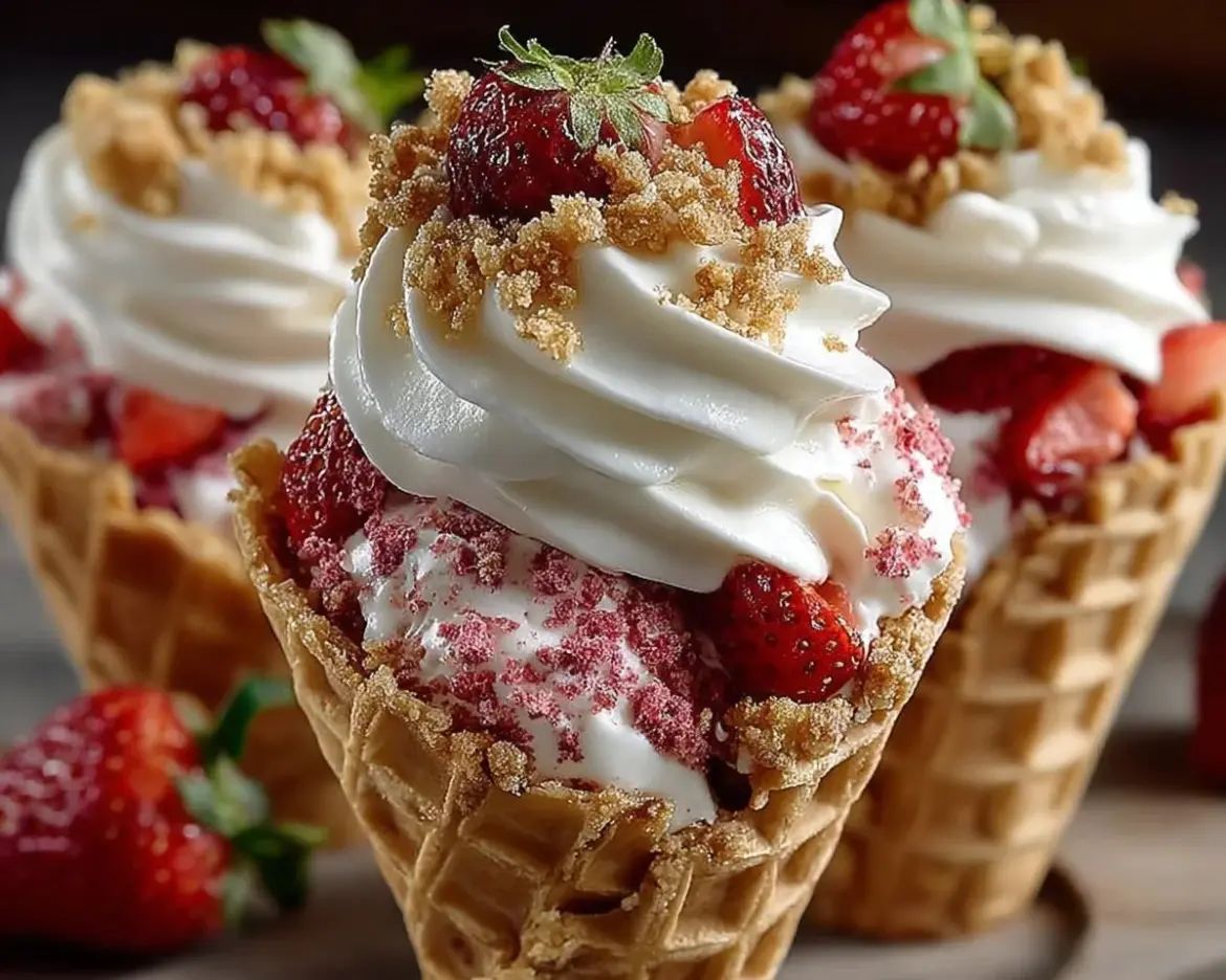Strawberry Crunch Cheesecake Cones garnished with strawberries and toppings